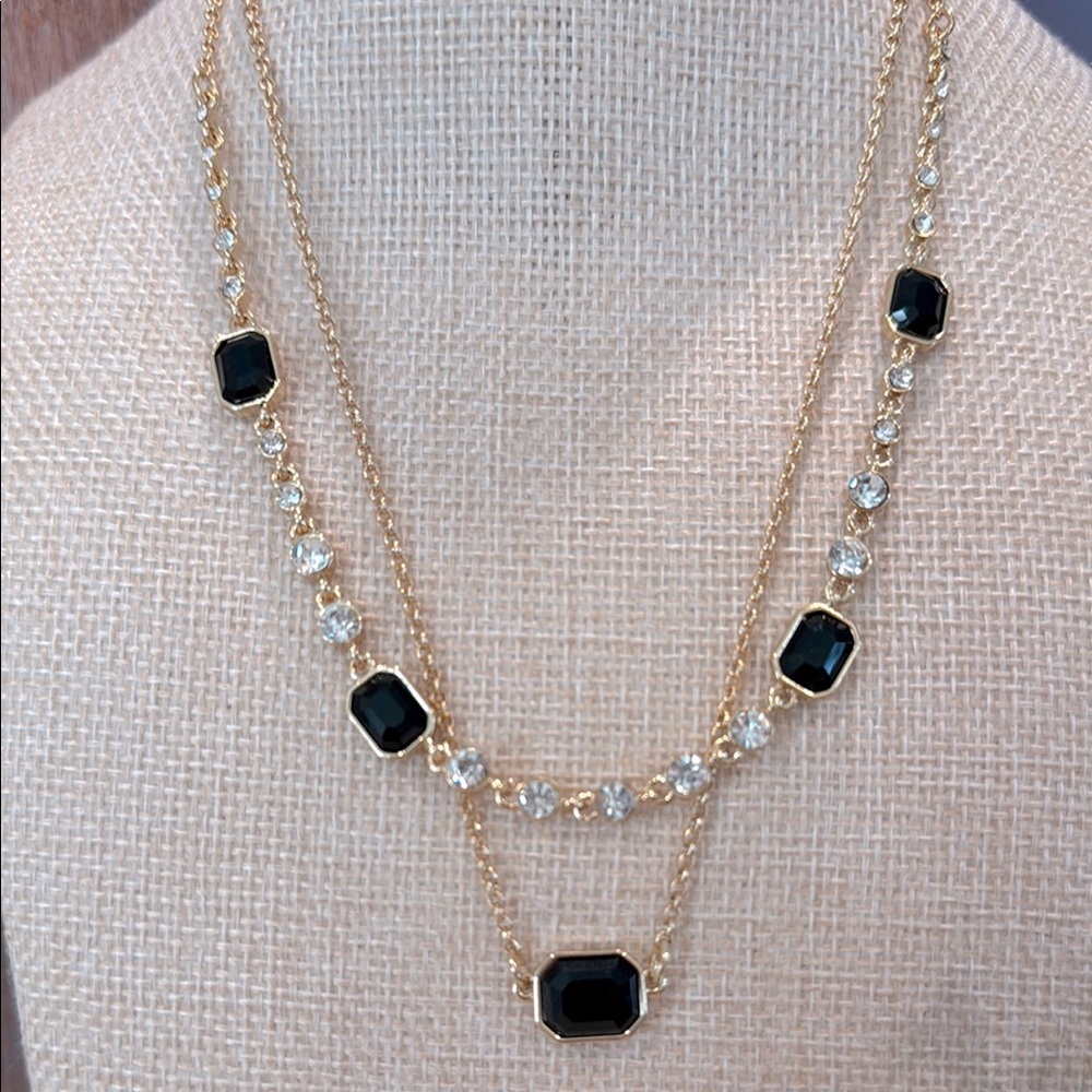 NWT Anne Klein Layered Station Jet Black Gold Necklace